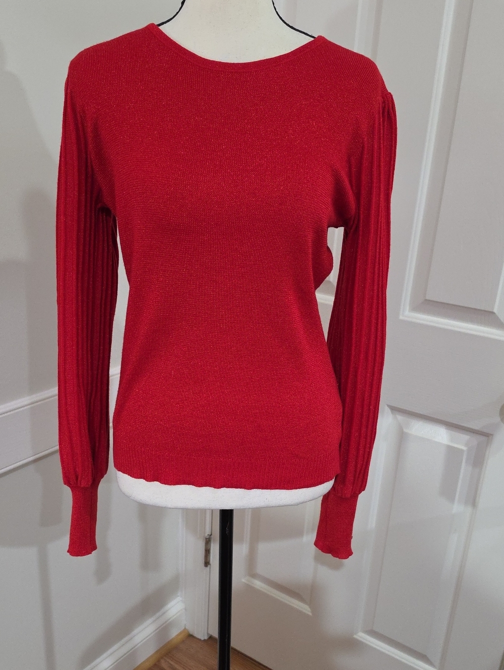 Nanette Lepore Red Metallic Lurex Rib-Sleeve Pullover Sweater - Size Medium